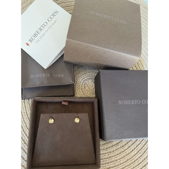 Roberto Coin Rubi & 0.08ctw Diamond Bezel 18k Yellow Gold Stud Earrings - Picture 15 of 15